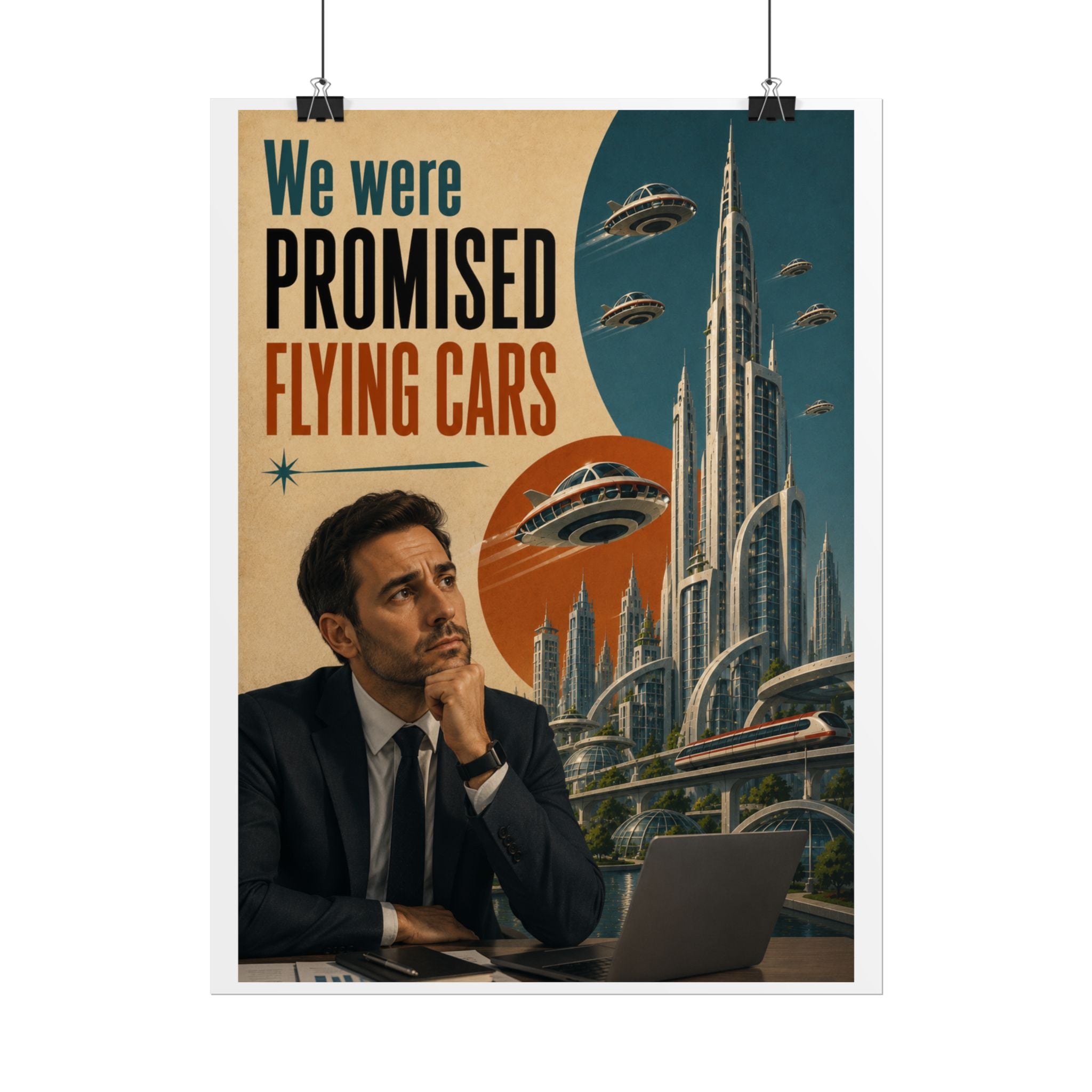 We Were Promised Flying Cars Poster | Retro Futurism Sci‑Fi Wall Art