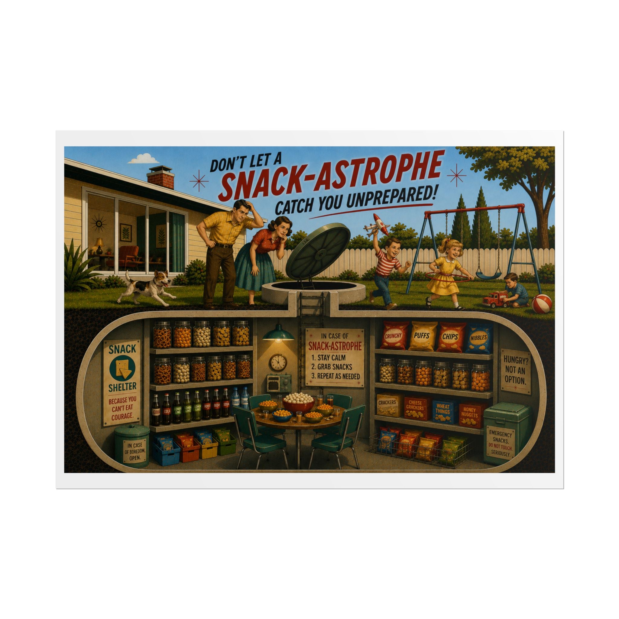 Rolled Poster – “Don’t Let a Snack-Astrophe” Retro Fallout-Style Survival Illustration