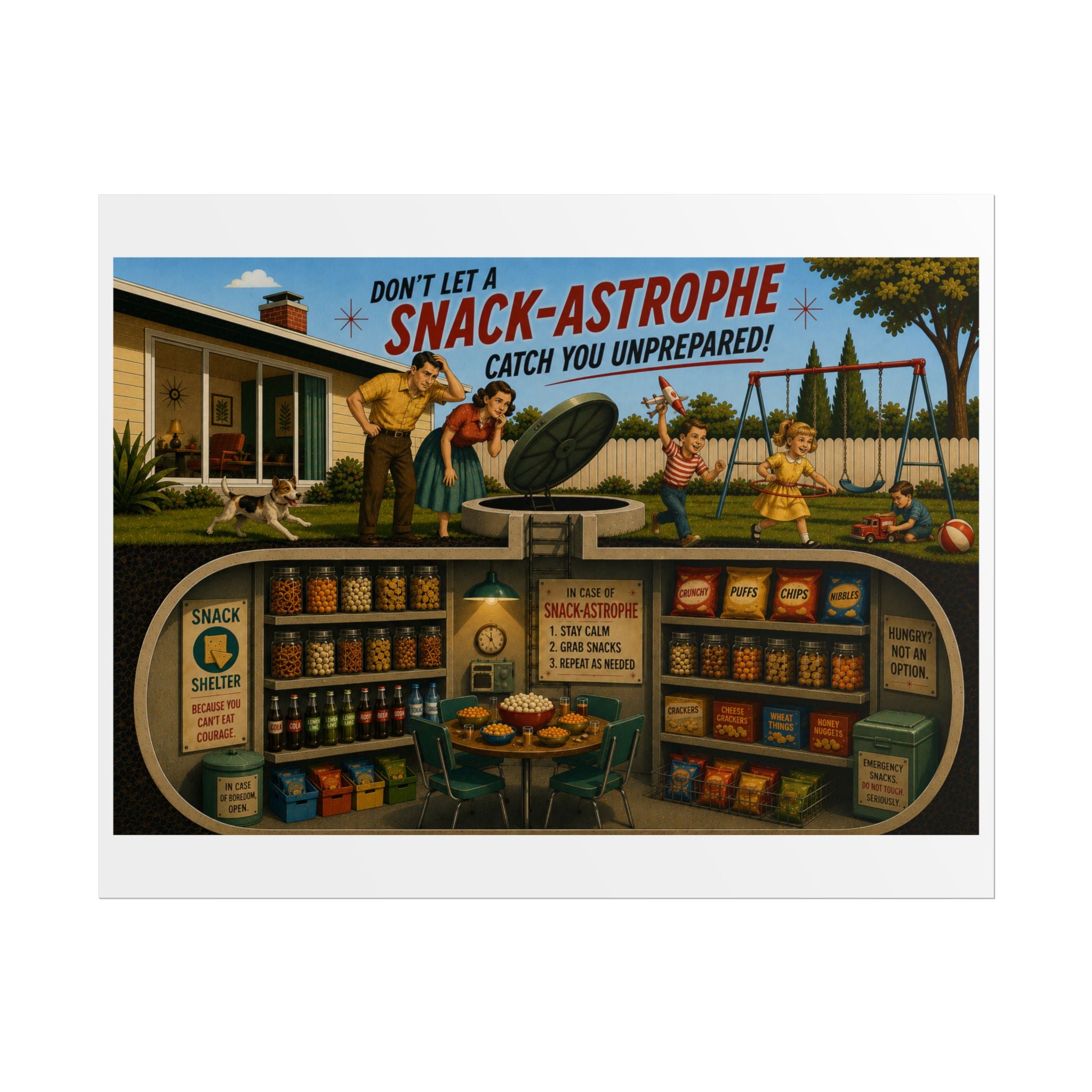 Rolled Poster – “Don’t Let a Snack-Astrophe” Retro Fallout-Style Survival Illustration