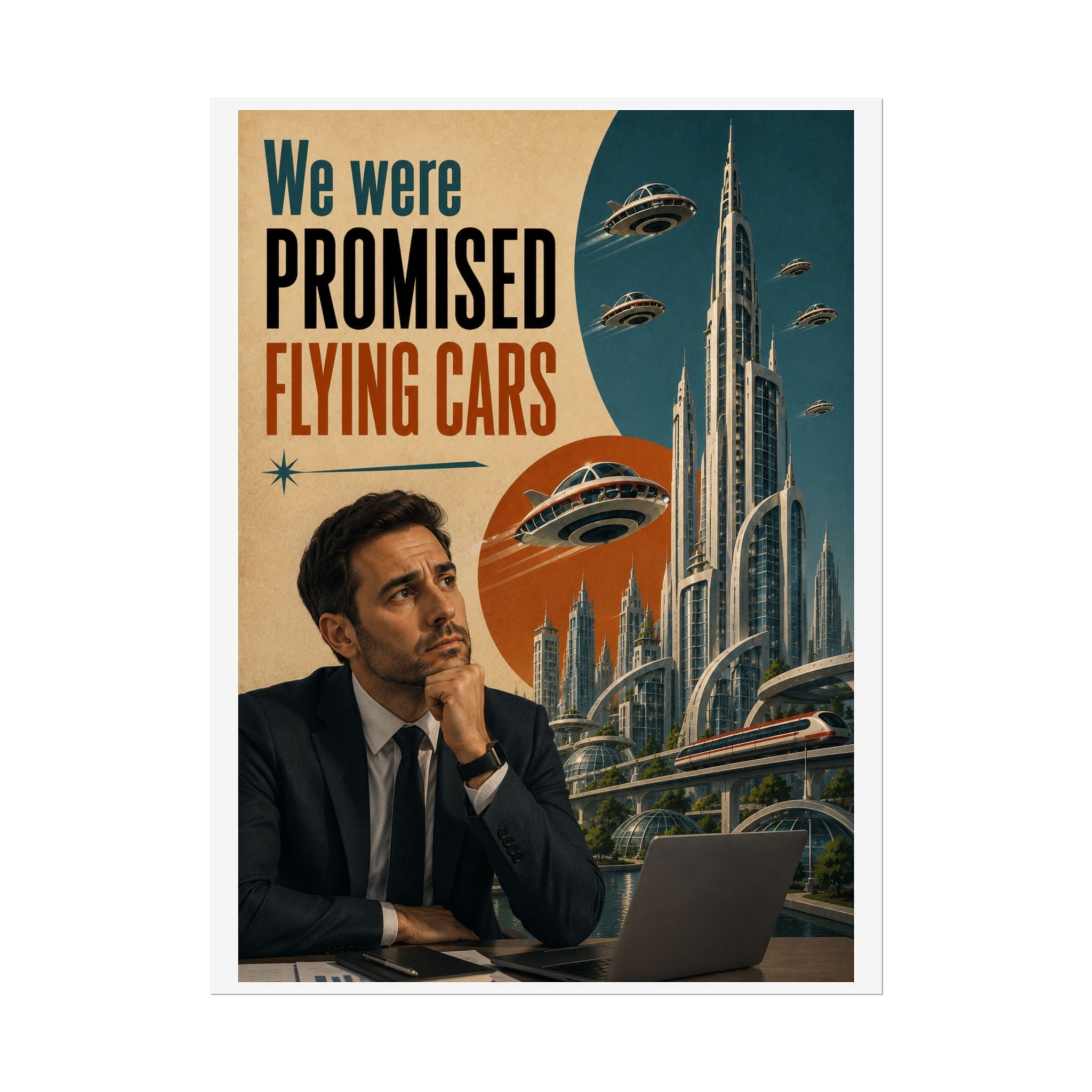 We Were Promised Flying Cars Poster | Retro Futurism Sci‑Fi Wall Art