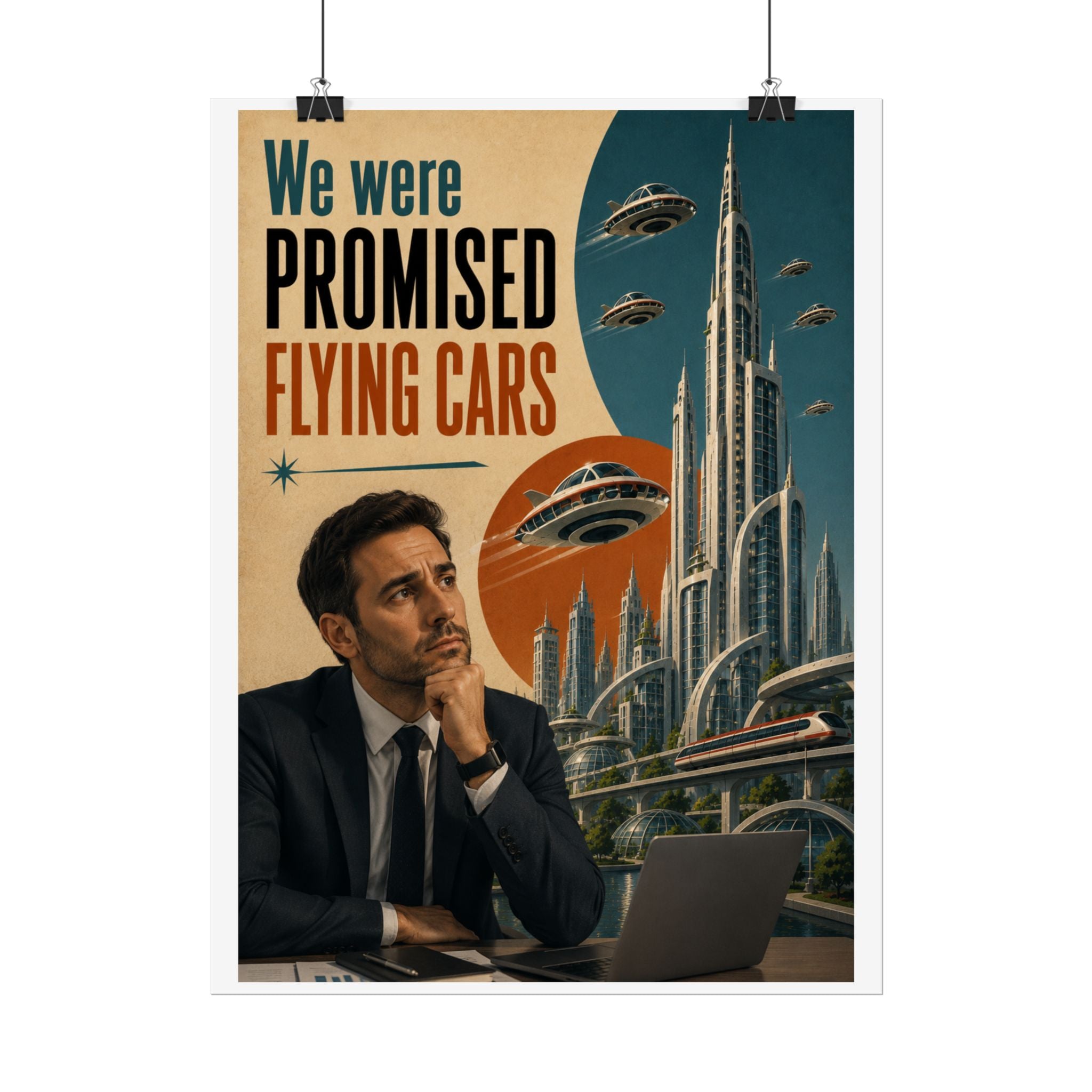 We Were Promised Flying Cars Poster | Retro Futurism Sci‑Fi Wall Art