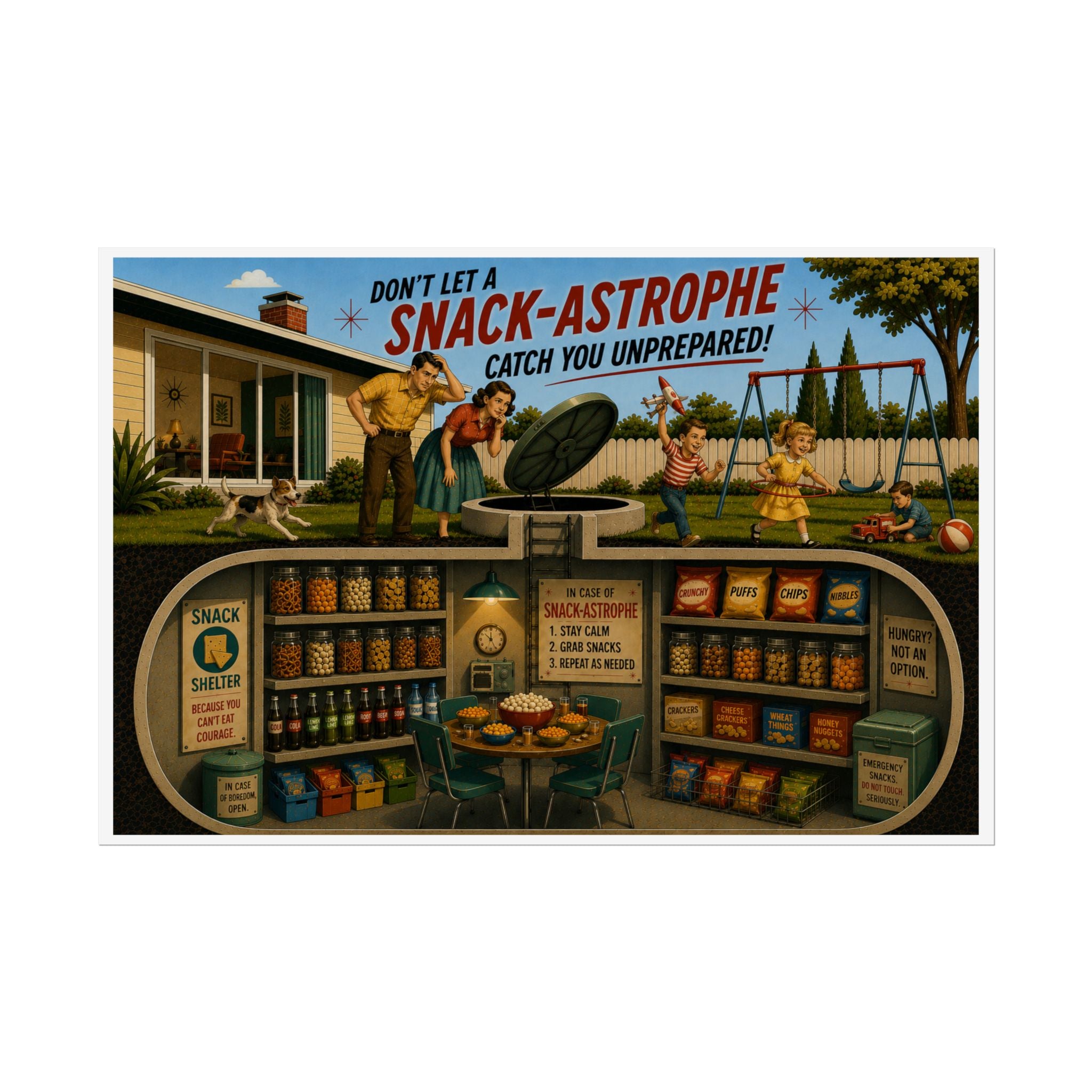 Rolled Poster – “Don’t Let a Snack-Astrophe” Retro Fallout-Style Survival Illustration