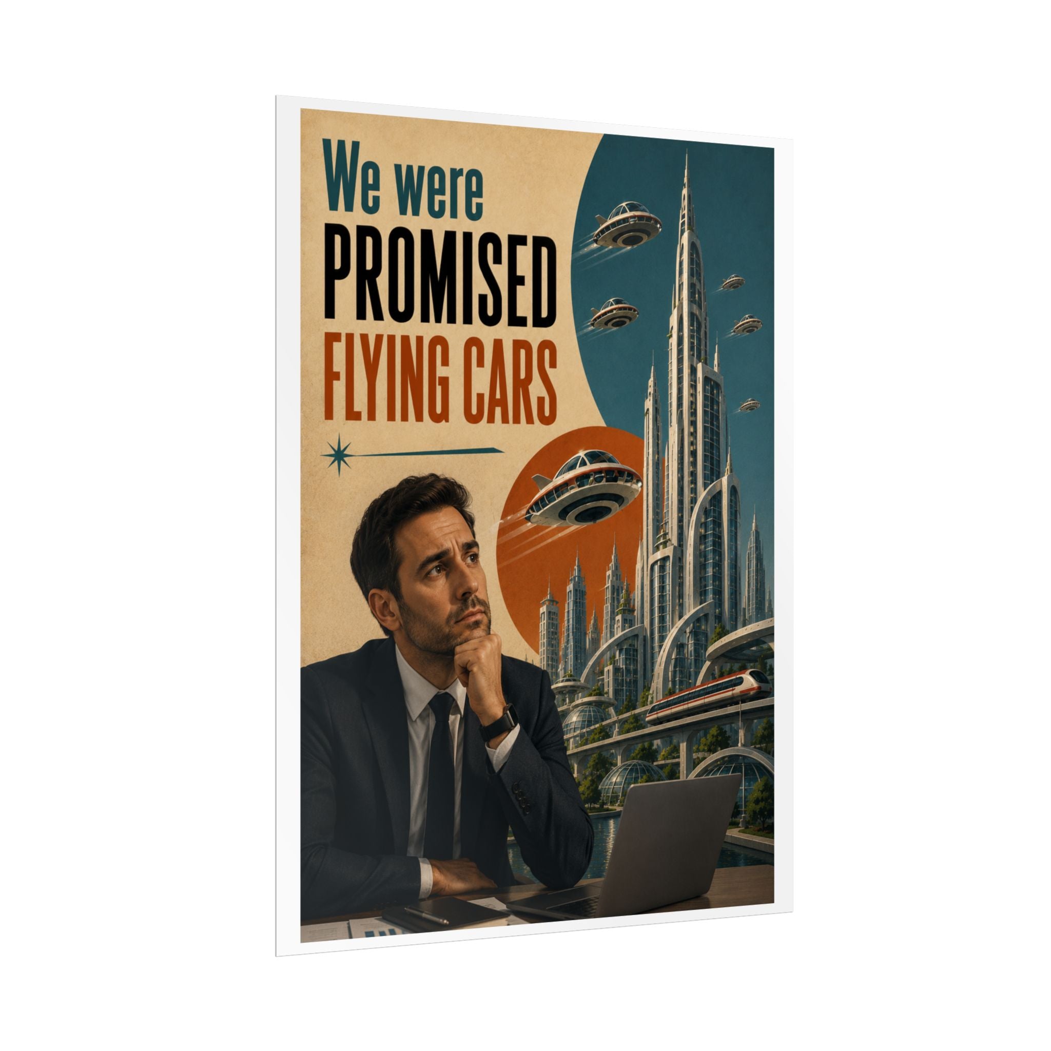 We Were Promised Flying Cars Poster | Retro Futurism Sci‑Fi Wall Art