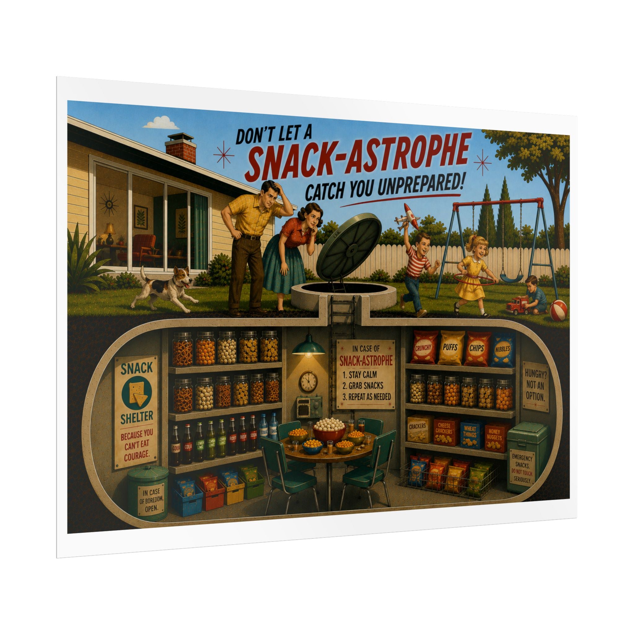 Rolled Poster – “Don’t Let a Snack-Astrophe” Retro Fallout-Style Survival Illustration