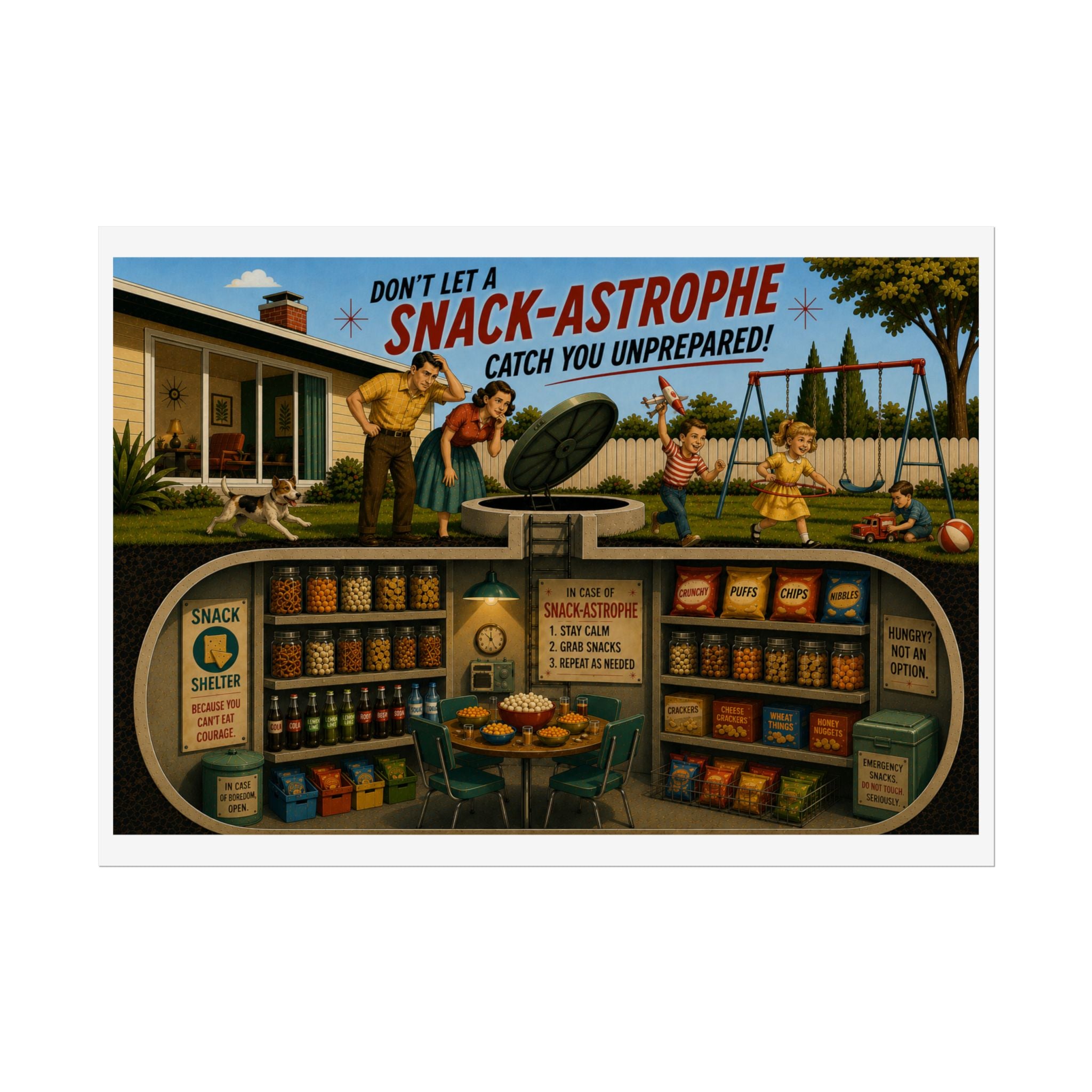 Rolled Poster – “Don’t Let a Snack-Astrophe” Retro Fallout-Style Survival Illustration