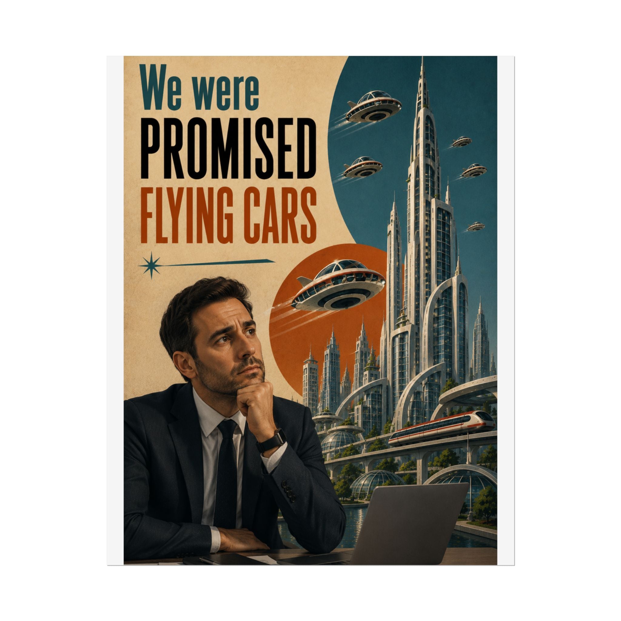 We Were Promised Flying Cars Poster | Retro Futurism Sci‑Fi Wall Art