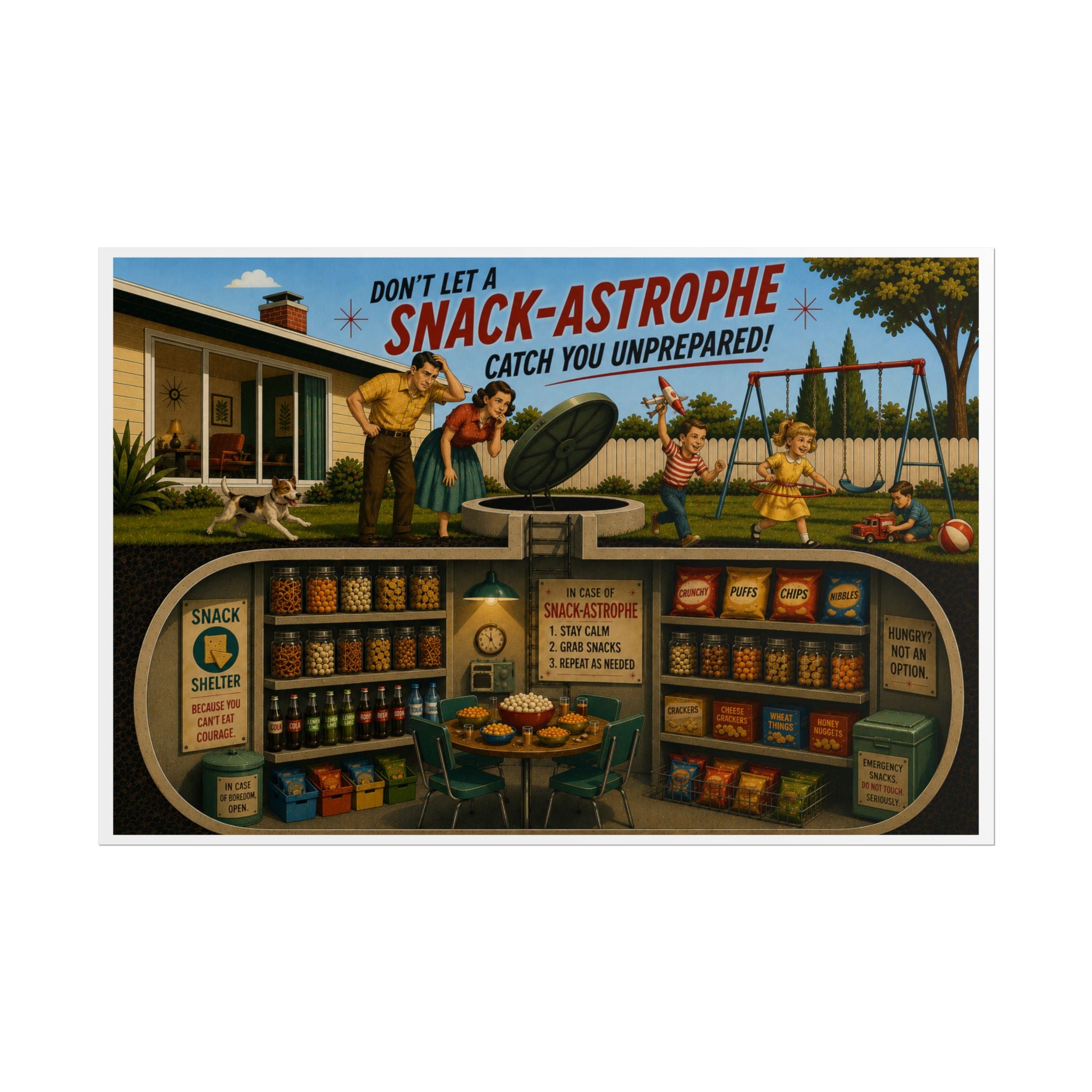 Rolled Poster – “Don’t Let a Snack-Astrophe” Retro Fallout-Style Survival Illustration