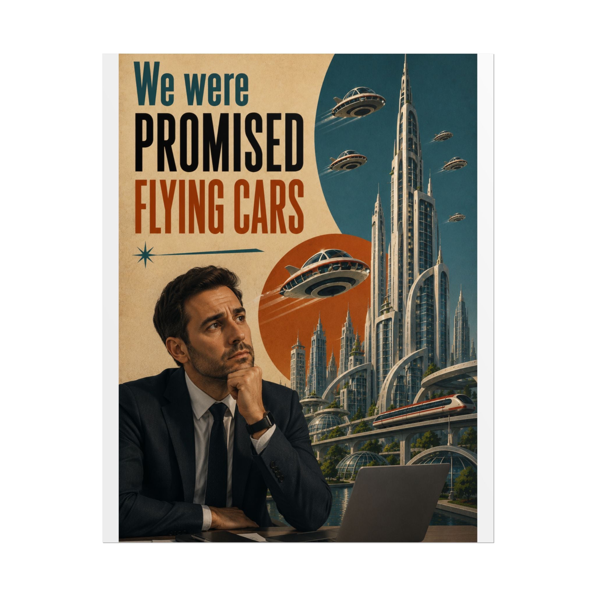 We Were Promised Flying Cars Poster | Retro Futurism Sci‑Fi Wall Art